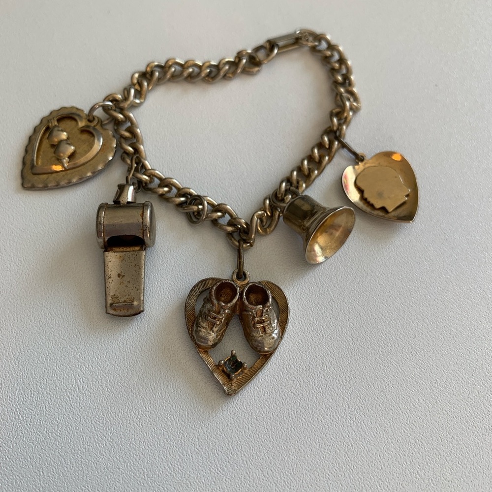 Vintage Gold Tone Charm Bracelet with Heart and Shoe Charms